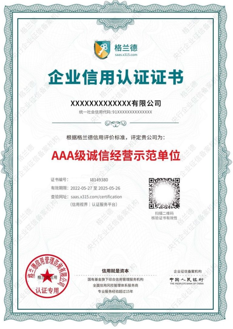 诚信经营示范单位证书
